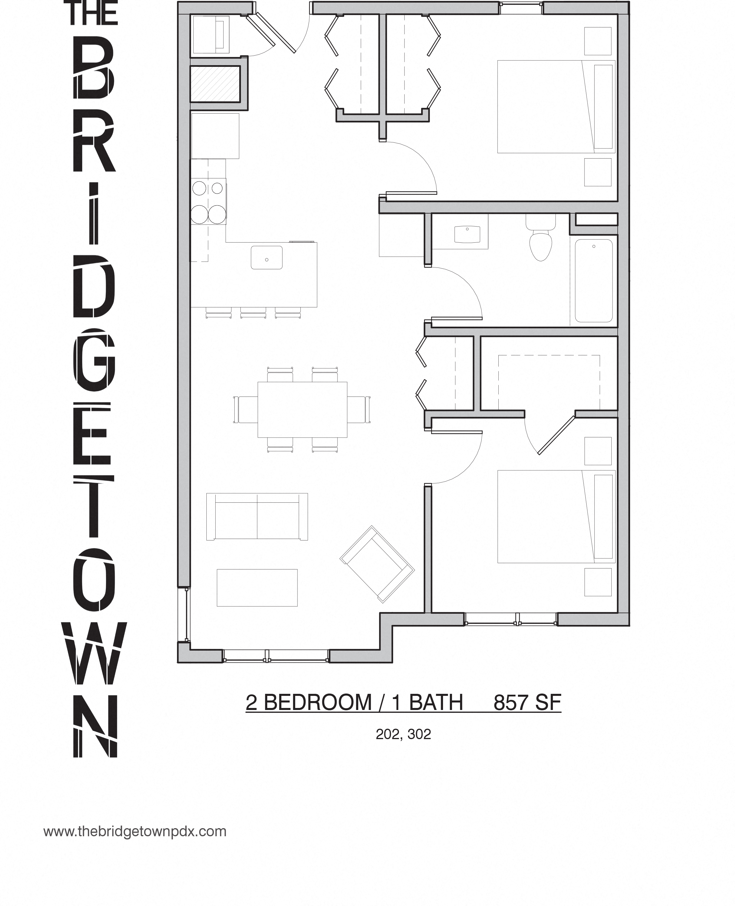 Floor plan for 2 beds, 1 bath, 857 sqft